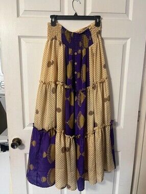 Kantha Bae Ruffle Tiered Bohemian Patchwork Maxi Skirt Silk Purple Gold OSFM